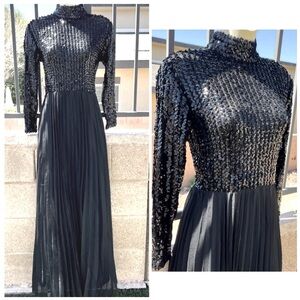 Vintage 70’s Black High Neck Sequin Chiffon Long Dress 6